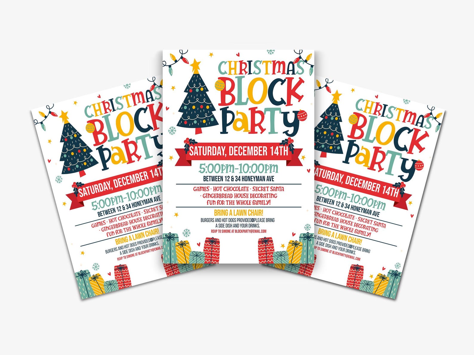An editable Christmas block party flyer template