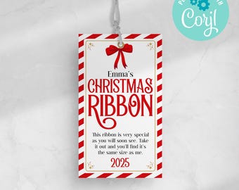 Christmas Ribbon Gift Tag, Editable Yearly Holiday Gift Tag Template, Printable Kids Christmas Ribbon Ornament Keepsake Christmas Ribbon Tag