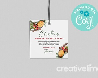 May include: A white gift tag with a watercolor illustration of cinnamon sticks, oranges, and greenery. The text reads "Christmas Simmering Potpourri" and includes instructions for use. The tag is labeled "Homemade by Jennifer".