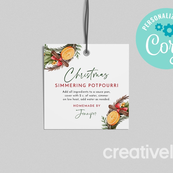 EDITABLE, INSTANT DOWNLOAD Holiday Simmering Stovetop Potpourri Tag, Teacher Employee Client Staff Gift Christmas Potpourri Instructions Tag