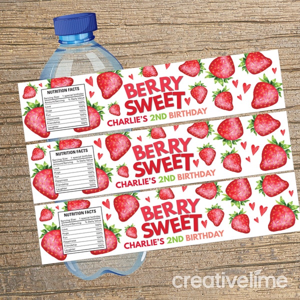 Digital File Berry Sweet Water Bottle Labels, Strawberry Party, Berry Sweet Birthday, Birthday Party, Strawberry Water Bottle ANY AGE