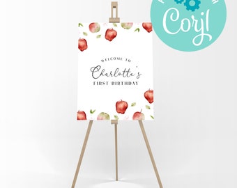 Letrero de bienvenida de cumpleaños de manzana: Decoración para fiesta en el huerto (Plantilla editable)