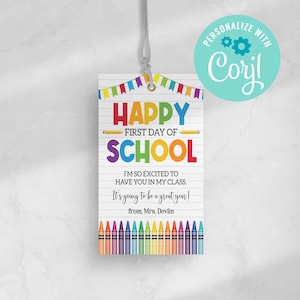 INSTANT DOWNLOAD Happy First Day of School Gift Tag Printable, Welcome Back to School Tag, Teacher Student Classroom, Personalize with Corjl