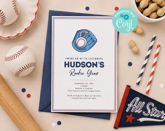 Editable Baseball Rookie Year Birthday Invitation Template, Baseball Birthday Invite, Baseball Theme Party, Boy Photo Birthday Invite
