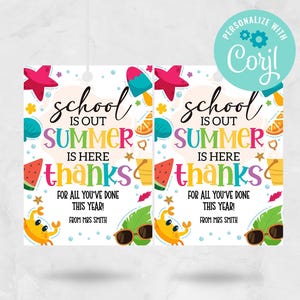 Se acabaron las clases, llegó el verano. Gracias por todo lo que has hecho este año. Regalo para el maestro, etiqueta de regalo de fin de curso para el maestro. DESCARGA INSTANTÁNEA EDITABLE.