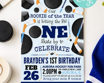 Einladung zum ersten Geburtstag mit Hockey-Motto, Einladung zum Geburtstag des Rookies des Jahres, Hockey-Geburtstagsparty, Einladung zum 1. Geburtstag, bearbeitbare Vorlage
