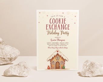 Puede incluir: Una invitación festiva a una fiesta de intercambio de galletas navideñas, con una ilustración de una casa de jengibre y el texto "JOIN US FOR A COOKIE EXCHANGE Holiday Party".