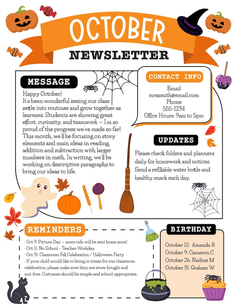 Editable October Classroom Newsletter Template: Fall & Halloween Theme ...