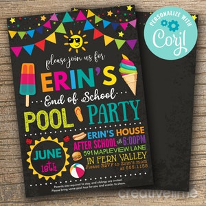 May include: A colorful chalkboard style invitation for a pool party. The invitation says "Please join us for Erin's End of School Pool Party" with the date June 18th. The party is at Erin's house after school until 6:00 PM at 591 Mapleview Lane in Fern Valley. The invitation also includes a phone number to RSVP.