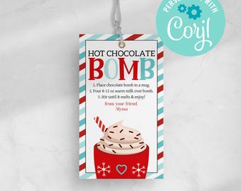 Etiqueta de regalo editable con forma de bomba de chocolate caliente, regalo navideño (descarga digital)