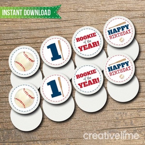 Printable Baseball Cupcake Toppers - Instant Download, Favor Bag Tags, Baseball Party, Cupcake Toppers DIY Printable 12 Circles on 8.5 X 11