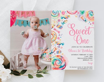 Sweet One Birthday Invitation: Pastel Candy Lollipops (EDITABLE INSTANT DOWNLOAD)