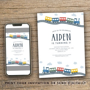 May include: A blue, green, red, and yellow train with white clouds and a white background. The text on the invitation reads "Join us to celebrate Aiden is turning 3! Discover Train Station Saturday, June 24, 2023 from 11am-2pm 9854 Alliston Street Berkeley, CA To Aiden's Mom at 454-555-5595BOR Aidenparty@email.com".