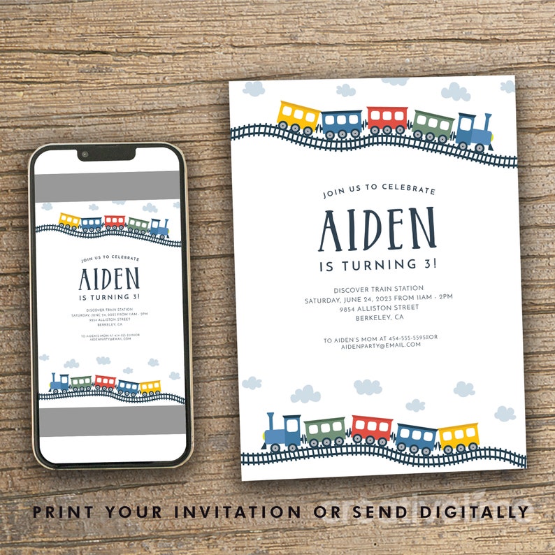 May include: A blue, green, red, and yellow train with white clouds and a white background. The text on the invitation reads "Join us to celebrate Aiden is turning 3! Discover Train Station Saturday, June 24, 2023 from 11am-2pm 9854 Alliston Street Berkeley, CA To Aiden's Mom at 454-555-5595BOR Aidenparty@email.com".