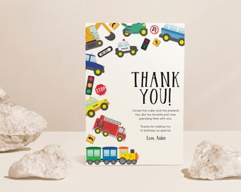 Transportation Birthday Thank You Card: Cars, Trucks (INSTANT DOWNLOAD)