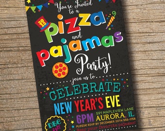 New Years Eve Pizza Party, Pizza and Pajamas Party Invitation, Pizza Party Invitations, New Years Party, Pizza New Years Invite, Pizza & PJs