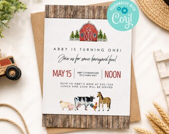 Farm Birthday Invitation Template, Barnyard Birthday Invite, Farm Animals Party Invitation, Editable 5x7 Corjl Birthday Invite