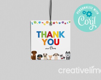 May include: A white thank you tag with colorful letters spelling "THANK YOU" and the name "Oliver". The tag is decorated with paw prints and a row of cartoon dogs.
