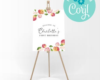 Pfirsich Geburtstag Willkommensschild: Aquarell Party Dekor (editierbar, Sofort Download)
