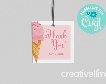 Etichetta per bomboniera di compleanno a tema gelato: con granella rosa, modello modificabile (download immediato)