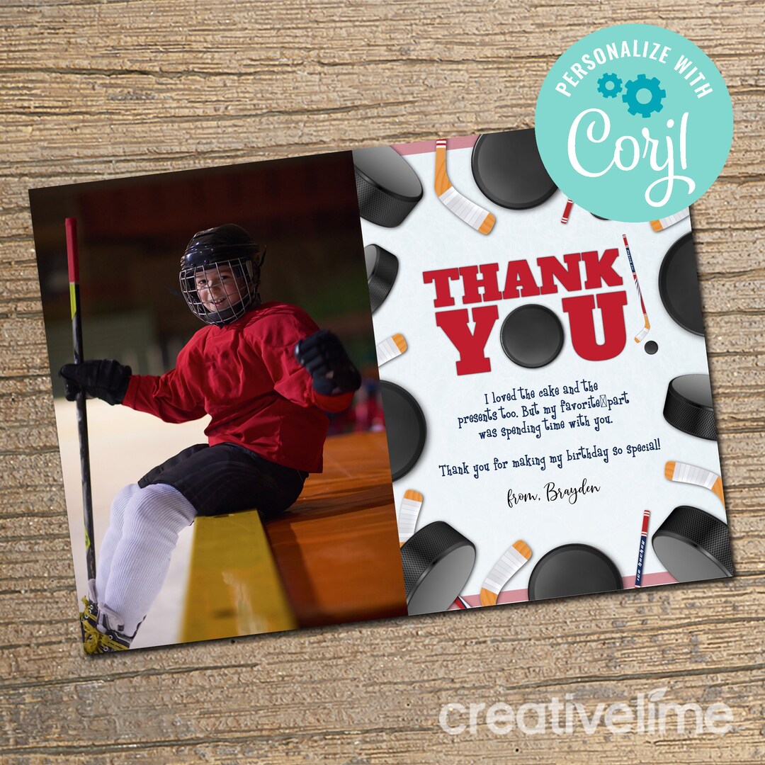 EDITABLE, INSTANT DOWNLOAD Hockey Picture Thank You Card, Hockey Party