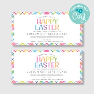 May include: Two Easter gift certificates with a colorful plaid border. The certificates read "Wishing You a Happy Easter" and "Custom Gift Certificate." The certificates are personalized "To: Caleb" and "From: Aunt Tracey and Uncle Travis."