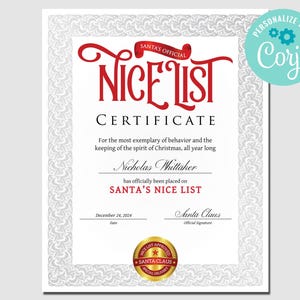 Certificato di lista dei buoni di Babbo Natale stampabile, documento ufficiale di lista dei buoni di Babbo Natale modificabile, certificato di lista dei buoni MODIFICABILE, DOWNLOAD IMMEDIATO