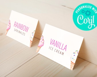 May include: Two white cards with pink text and watercolor ice cream cone illustrations. One card reads "RAINBOW SPRINKLES" and the other reads "VANILLA ICE CREAM". A teal circle with the text "PERSONALIZE WITH Corjl" is in the upper right corner.