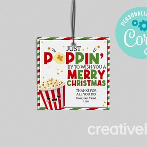 Popcorn Christmas Treat-bagagelabel, kom even langs om je een vrolijk kerstfeest te wensen Tag, afdrukbare bewerking met Corjl BEWERKBARE INSTANT DOWNLOAD