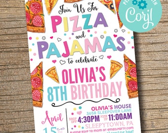 Pizza and Pajamas Party Birthday Invitation, Pizza Party Invite, Pj Party, Sleepover Party, Pj Party, Digital EDITABLE, INSTANT DOWNLOAD