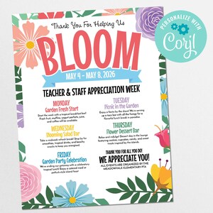 Puede incluir: Un folleto colorido con la palabra "BLOOM" en letras rosas grandes, que anuncia la Semana de Apreciación de Maestros y Personal del 4 al 8 de mayo de 2026. El folleto incluye detalles diarios de eventos y decoraciones florales.