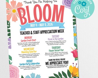 Teacher Appreciation Week Flyer, Thanks for Helping Us Bloom Floral Theme, Staff Appreciation School Event PTO PTA Itinerary Flyer Template