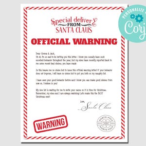 Plantilla de carta de advertencia de Papá Noel, carta de advertencia oficial de elfo del Polo Norte imprimible, carta de mala conducta, Papá Noel DESCARGA INSTANTÁNEA EDITABLE