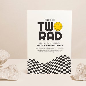 Two Rad Birthday Invitation Template Checkered Smiley Retro Cool One 2nd Second Birthday Invite Digital Template EDITABLE, INSTANT DOWNLOAD