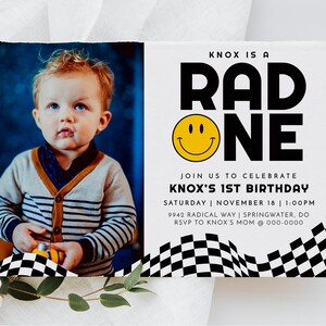 Rad One Birthday Invitation Template Checkered Smiley Retro Cool One First Birthday Invite Digital Template EDITABLE, INSTANT DOWNLOAD