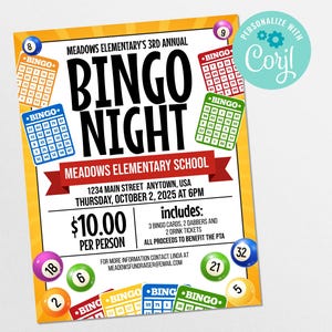 May include: A yellow and white Bingo Night event flyer with the text "Bingo Night" in large black letters. The flyer includes bingo cards, bingo balls, and event details such as the date, time, and location.