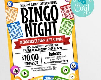 Bingo Night Fundraiser Flyer Template: Editable School Event (Corjl)