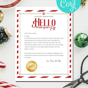 Carta de saludo de elfo para Navidad, imprimible, elfo "He vuelto", carta de llegada de elfo, carta de saludo de elfo personalizada, DESCARGA INSTANTÁNEA EDITABLE