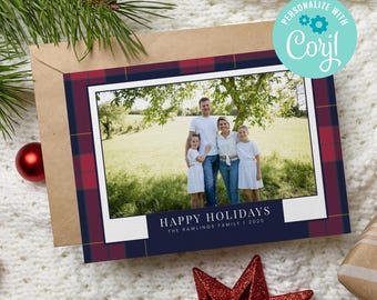 Plaid Photo Christmas Card Template | Editable Holiday Card (Corjl)