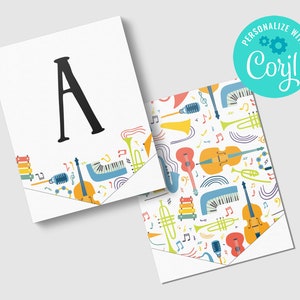 May include: A printable banner with the letter A in black on a white background. The banner has a scalloped edge with a musical instrument pattern. The pattern includes musical notes, trumpets, guitars, drums, and a microphone.