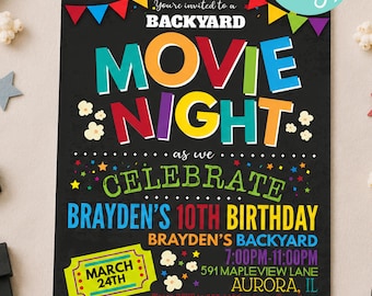 Invitación de cumpleaños para noche de cine en el jardín, invitación para fiesta de cine al aire libre, invitación de cumpleaños con temática de películas, invitación editable para noche de cine, cumpleaños infantil