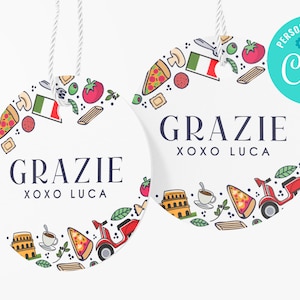 Etiqueta de lembrança italiana, festa temática italiana, aniversário de Vespa, aniversário de Uno, pizza de comida italiana, etiqueta de agradecimento EDITÁVEL, DOWNLOAD INSTANTÂNEO