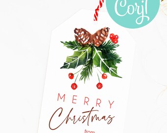 Printable Christmas Gift Tag, Holly Berry Design, Editable Template (Instant Download)