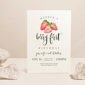 Berry First Birthday Invitation, Modern Strawberries, First Birthday Invite, Editable Template, Digital, Berry EDITABLE, INSTANT DOWNLOAD