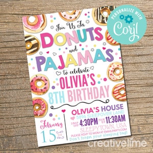 Donuts and Pajamas Birthday Invitation: Sleepover Party (INSTANT DOWNLOAD)
