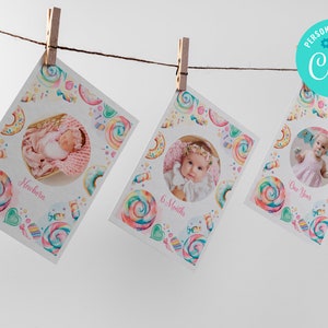 Banner de foto de primeiro aniversário, banner de foto de bebê, doce, cartões de marco mensal de primeiro ano do bebê, guirlanda de fotos EDITÁVEL, DOWNLOAD INSTANTÂNEO