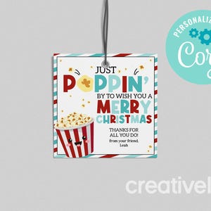 Popcorn Merry Christmas-cadeaulabel, kom even langs om je een vrolijk kerstfeest te wensen Tag, afdrukbare bewerking met Corjl BEWERKBARE INSTANT DOWNLOAD