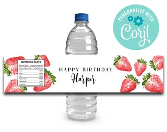 Strawberry Birthday Water Bottle Labels: Editable Party Decor (Instant Download)