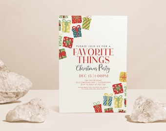 May include: A Christmas party invitation with a festive design featuring colourful gift boxes and the text "Favorite Things Christmas Party" with the date and time of the party.