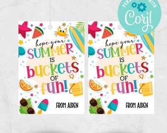 May include: Two rectangular gift tags featuring a white background with colorful summer illustrations including a crab, surfboard, watermelon slice, orange slice, sunglasses, and a yellow bucket. The text reads hope your SUMMER IS BUCKETS OF FUN! FROM AIDEN.